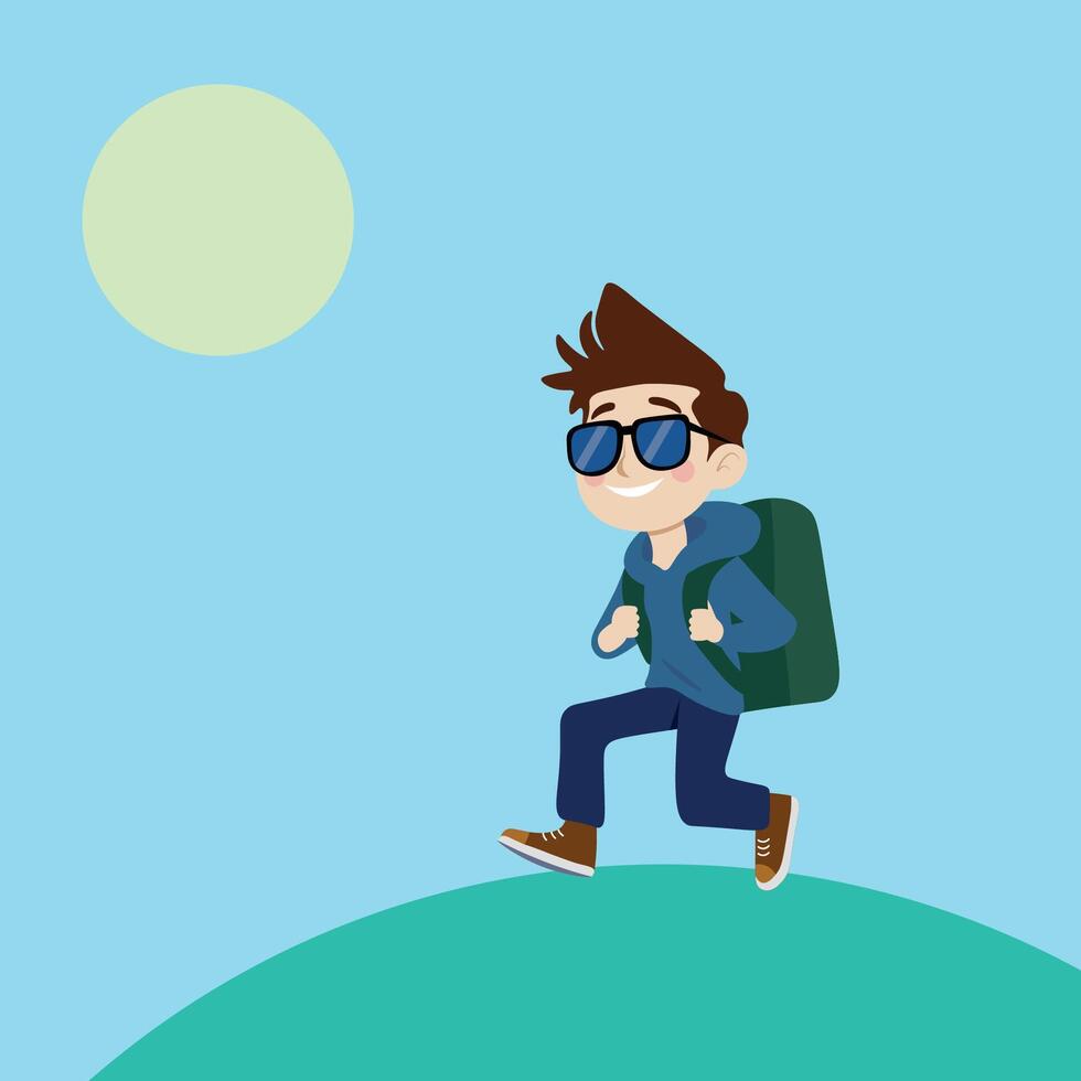Cheerful guy in sunglasses and with backpack on blue background, tourist, flat style vector