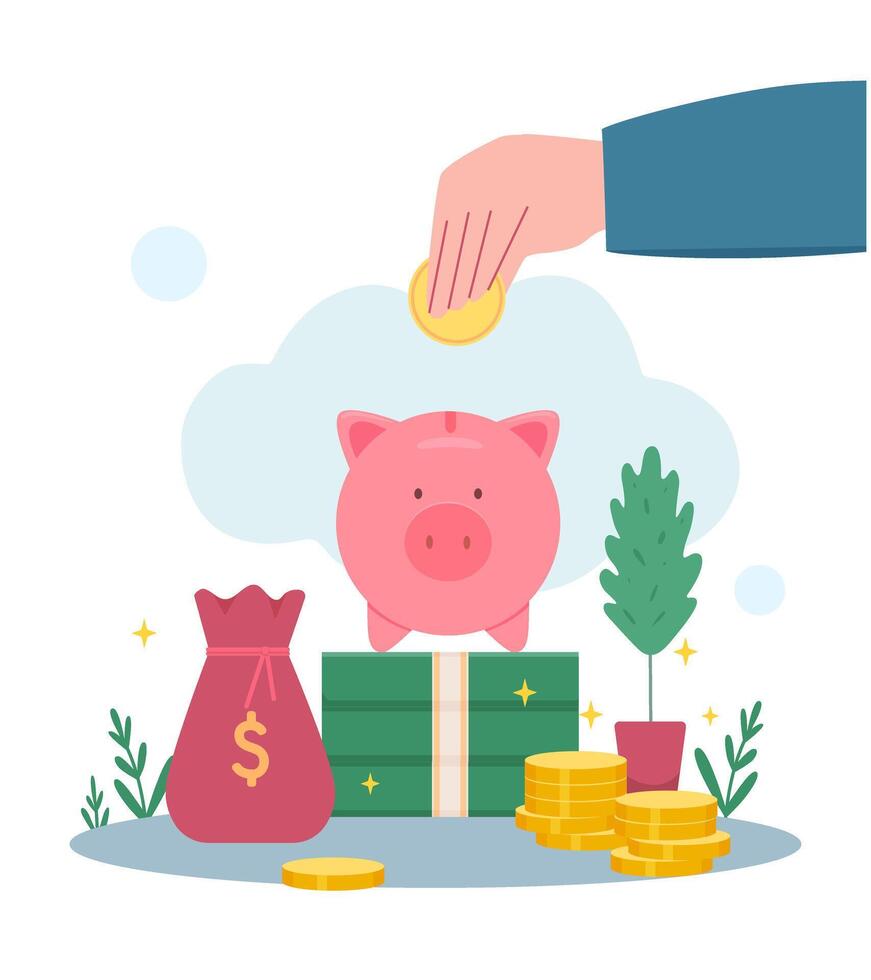 Illustration with hand putting coin in piggy bank. Concept of accumulating and saving money. Flat for websites. vector