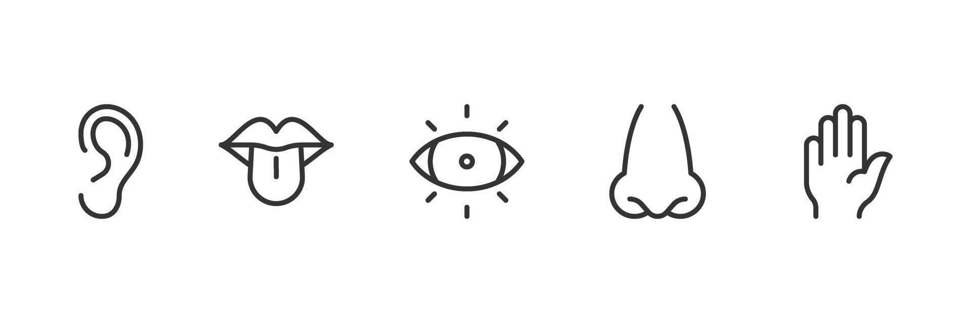 Five Senses Icon Set. hearing or ear, taste or mouth, sight or eye, smell or nose, and touch or hand. illustration vector