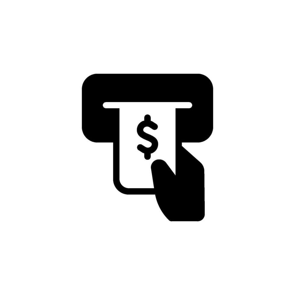Hand withdrawing cash from an ATM machine icon. Depicts modern finance, banking, and financial transactions vector