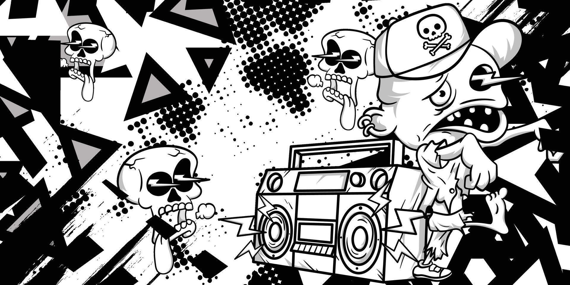 Black and white abstract background with zombie and skull objects vector