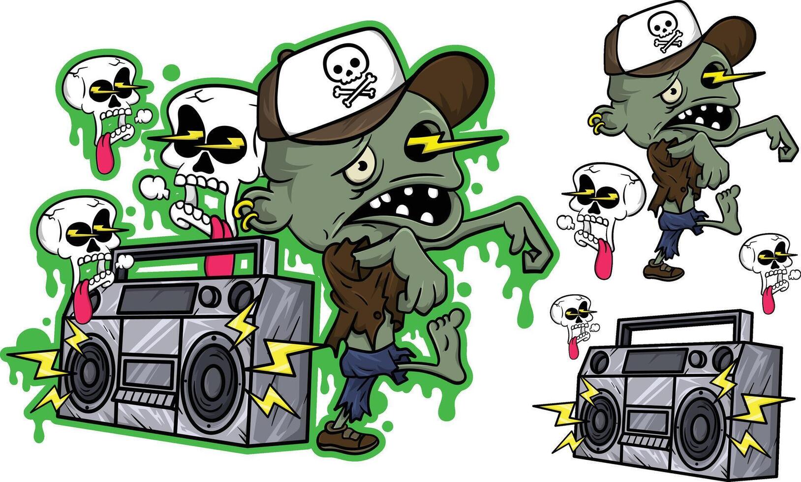 Hip hop zombie cartoon illustration with graffiti drawing style vector