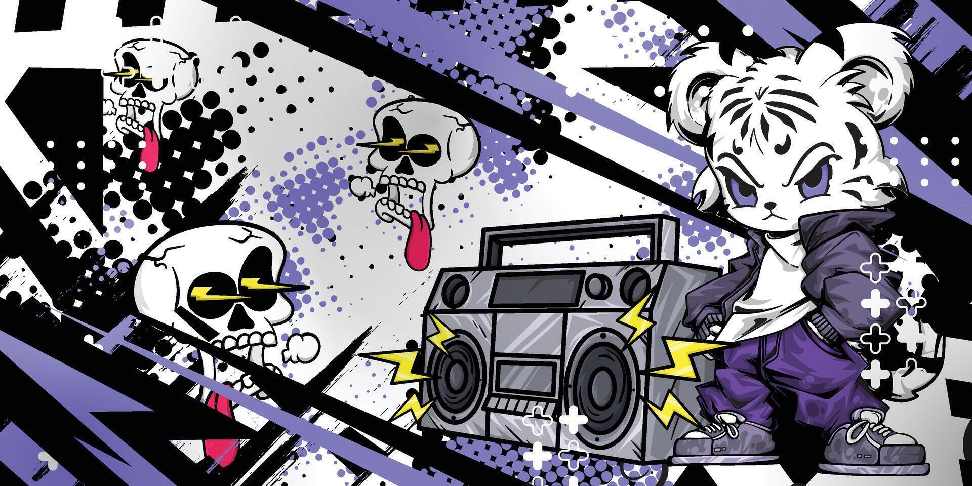 Cartoon white tiger and skull grunge abstract background vector
