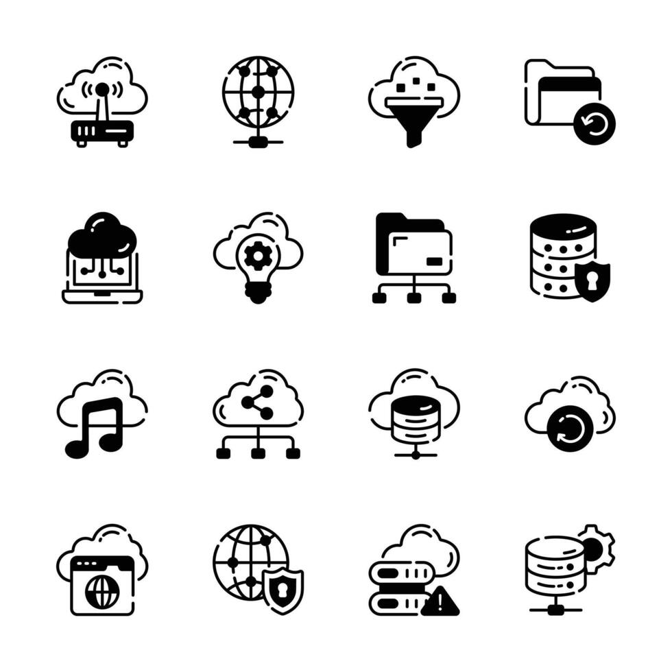 Easy to edit pack of cloud storage and hosting glyph icons. vector