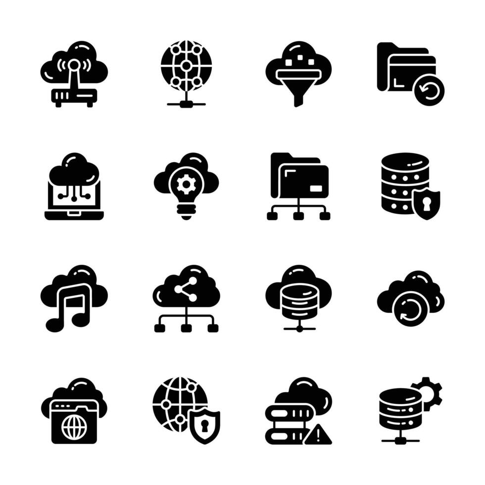 Easy to edit pack of cloud storage and hosting glyph icons vector