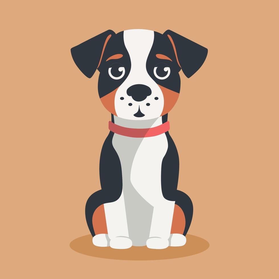 Puppy flat illustration. Sitting spotted dog with white, brown and black spots. Minimalistic modern style vector