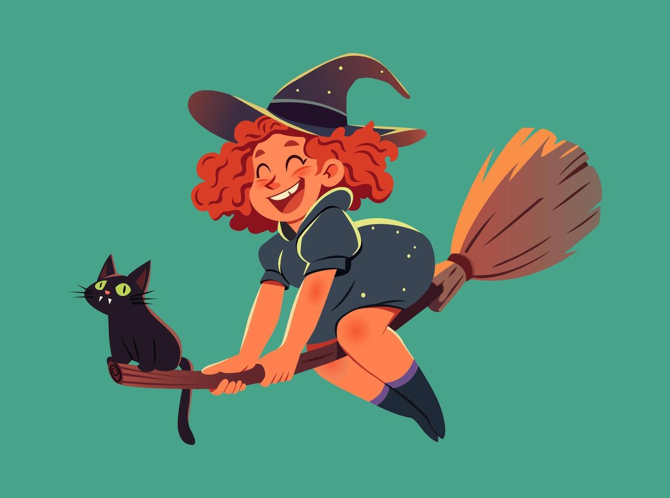 Cartoon witch flying on a broomstick with a black cat. Halloween illustration. Solid background vector