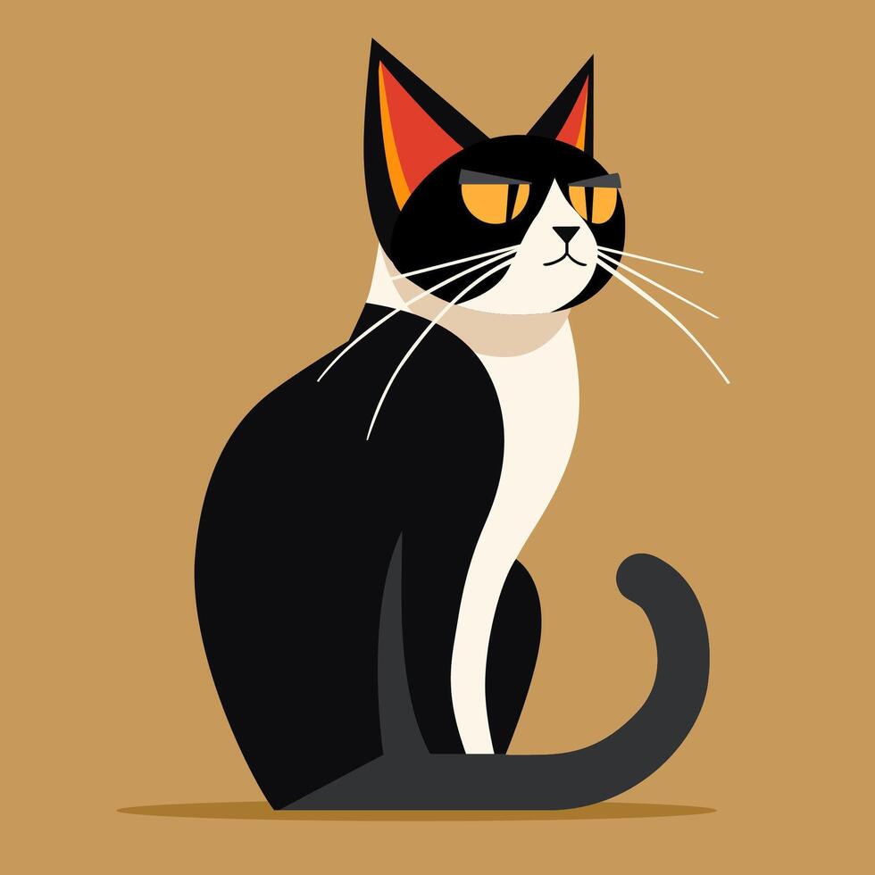 Cat flat illustration. Sitting white cat with black spots and solid background. Minimalistic modern style vector