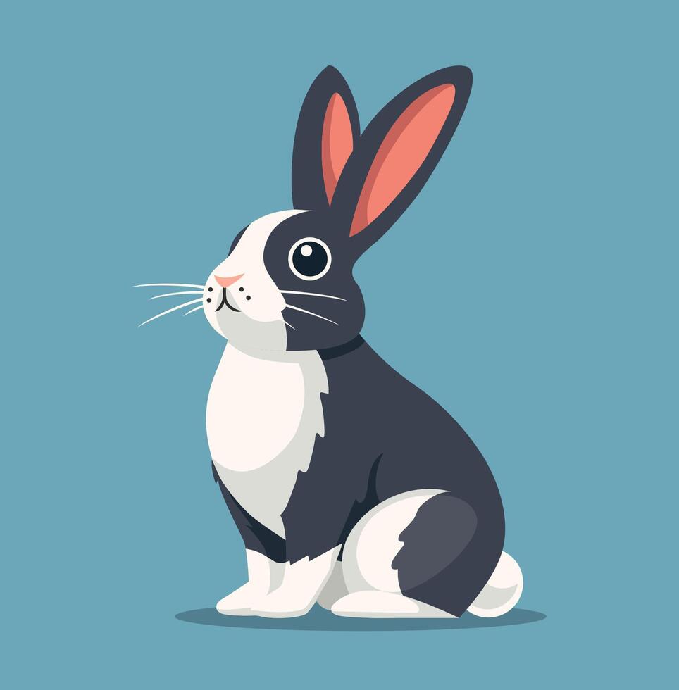 Bunny flat illustration. Sitting grey rabbit with white spots and blue background. Minimalistic modern style vector