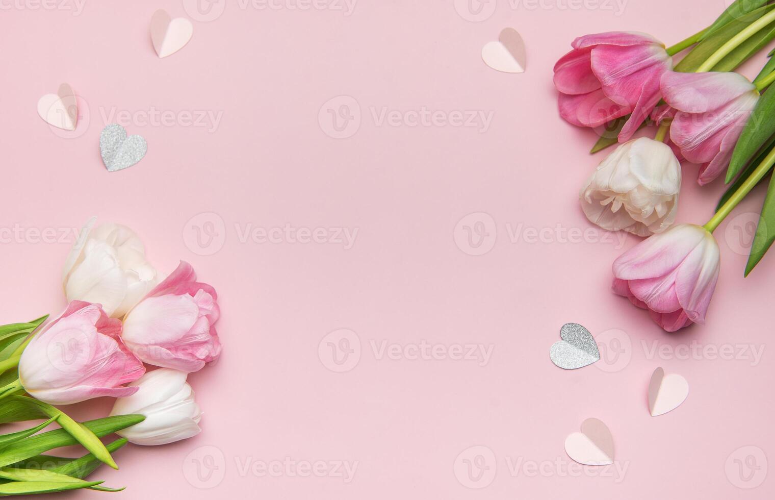 Tulips forming a border with paper hearts on a pink background photo
