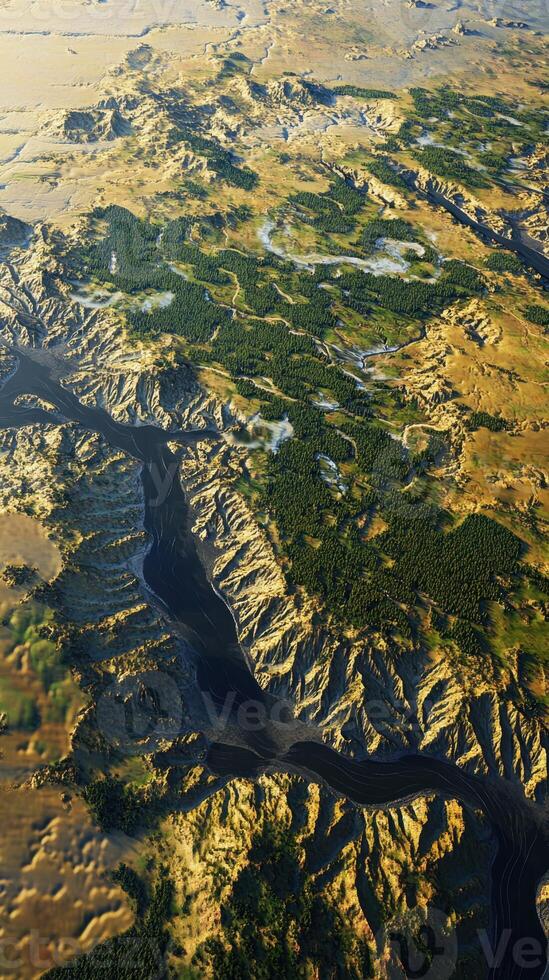 Aerial View of Mountainous Landscape with River photo