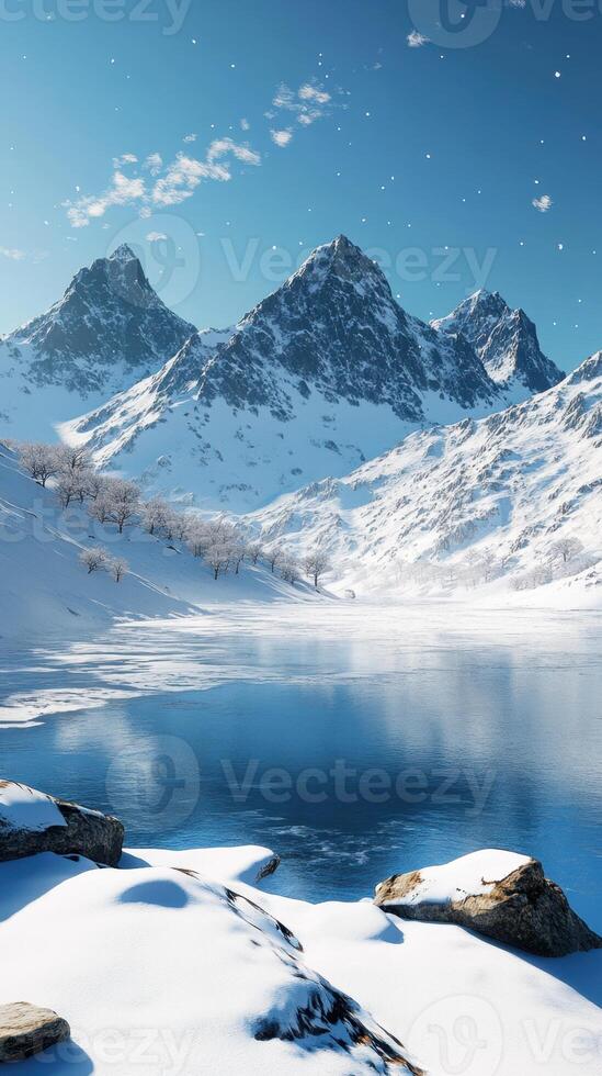 A snowy mountain landscape with a lake and mountains photo