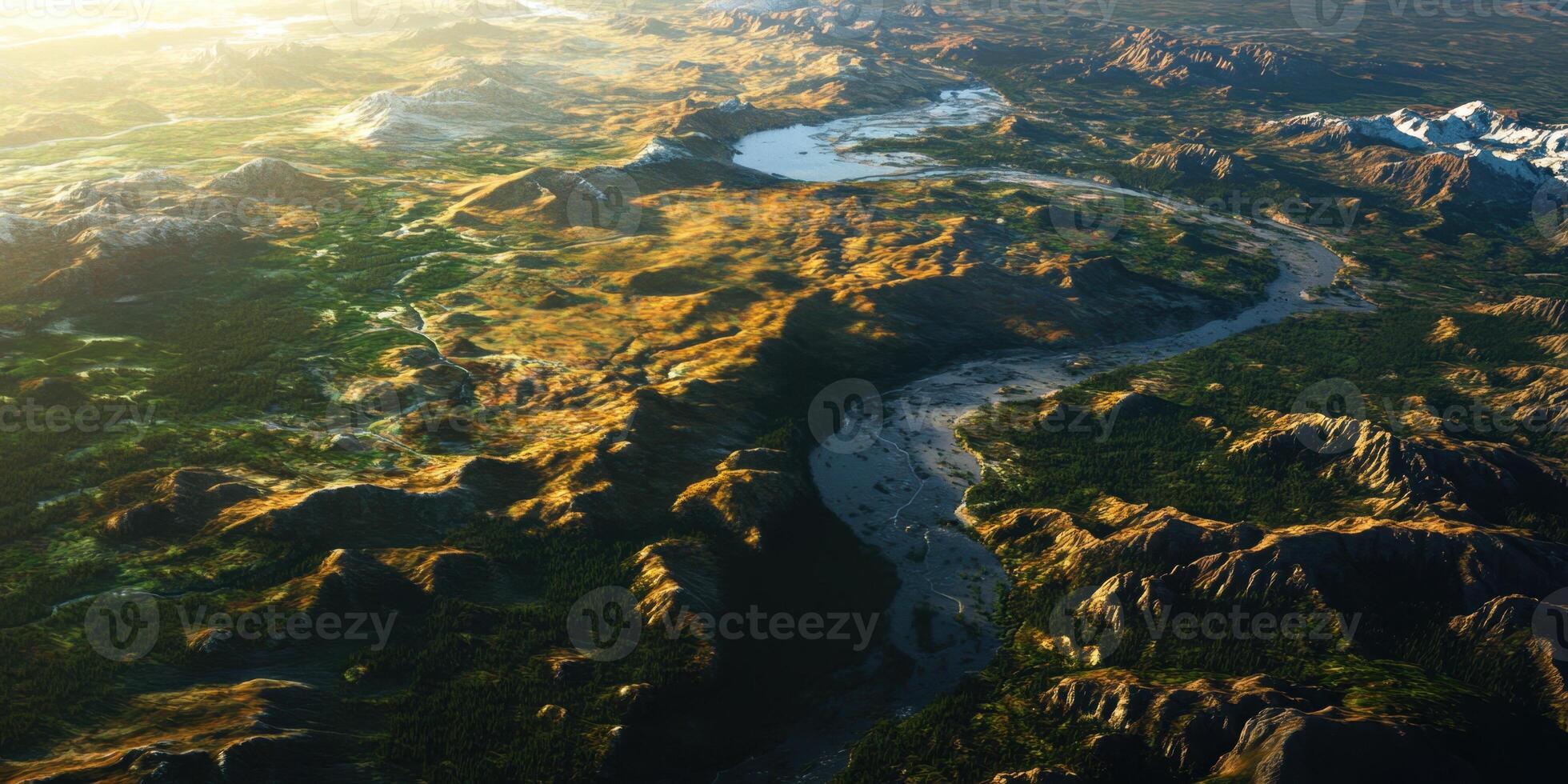 Aerial Landscape View with River and Mountains photo