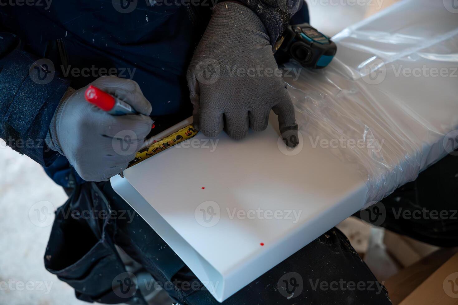 Worker Measuring White Panel with Red Marker and Measuring Tape photo