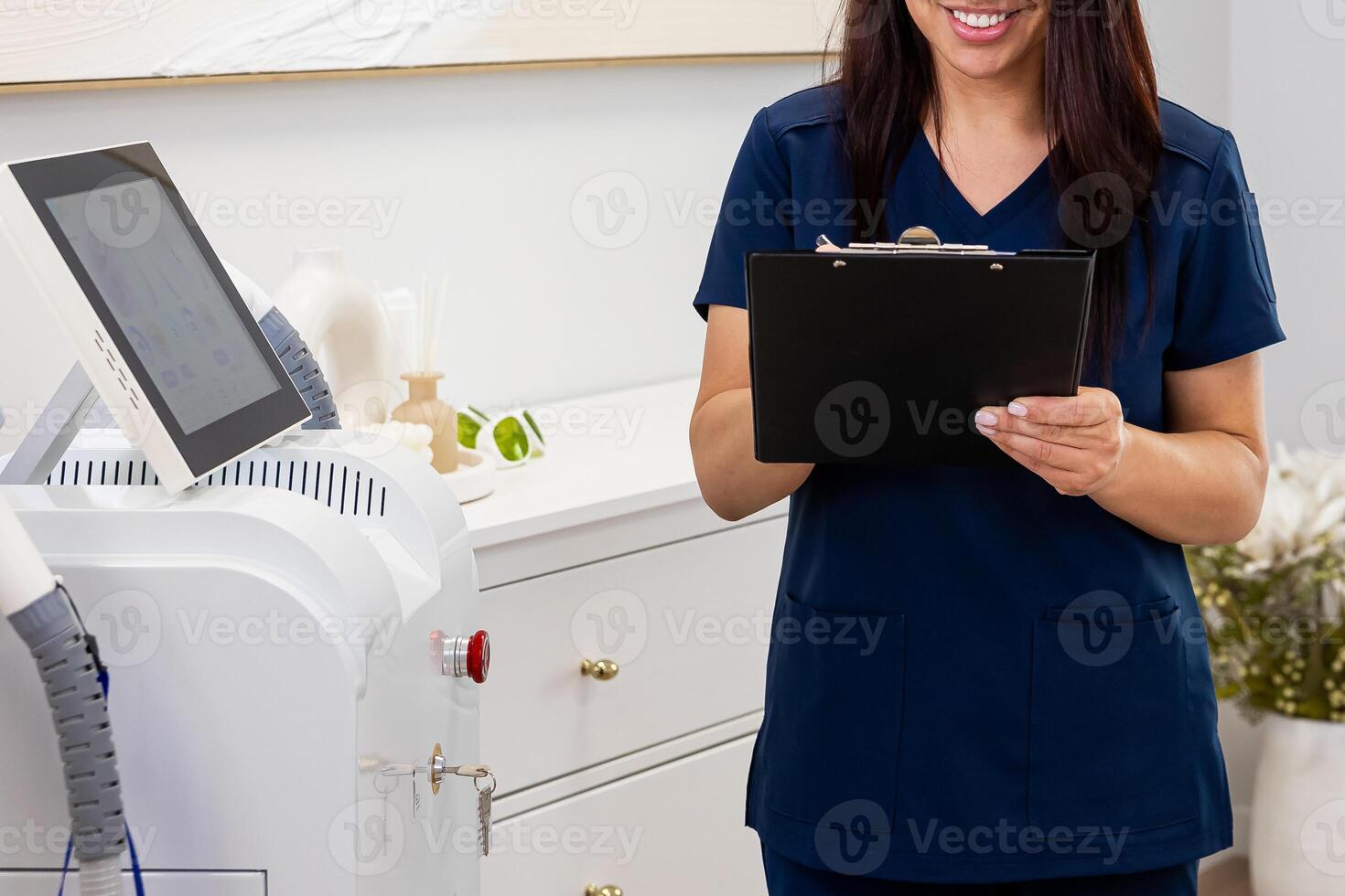 Healthcare Professional with Clipboard in Modern Clinical Setting photo