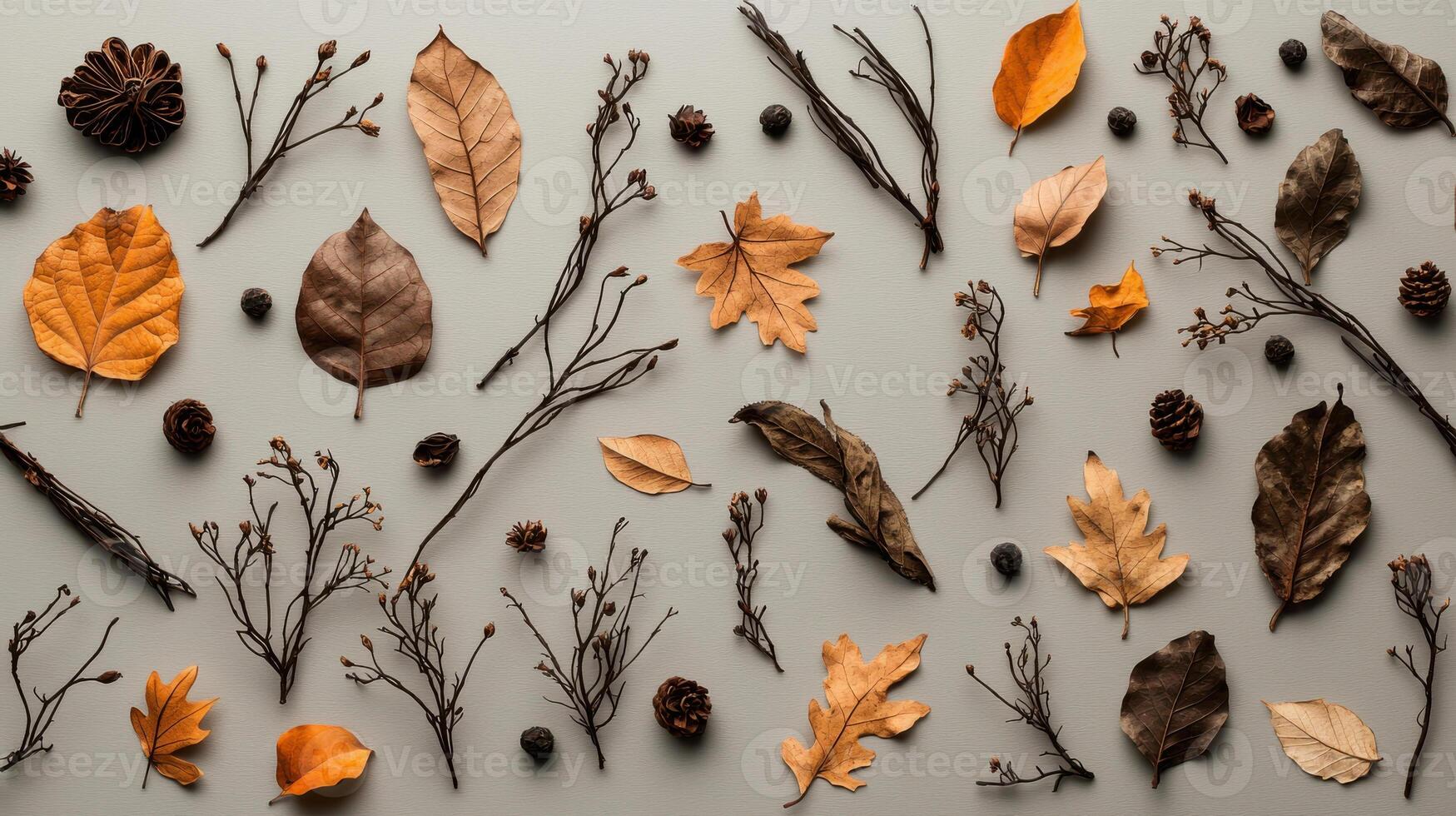 Autumn leaves and branches on a gray background photo
