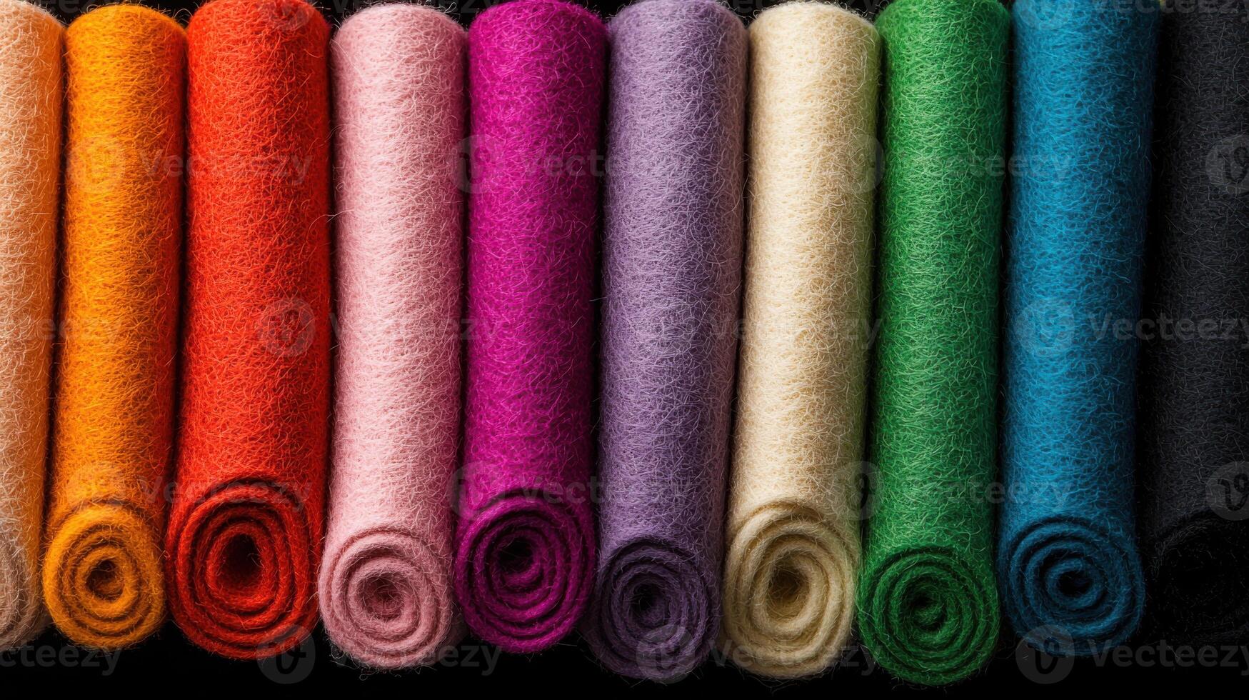 A row of colorful felt rolls on a black background photo