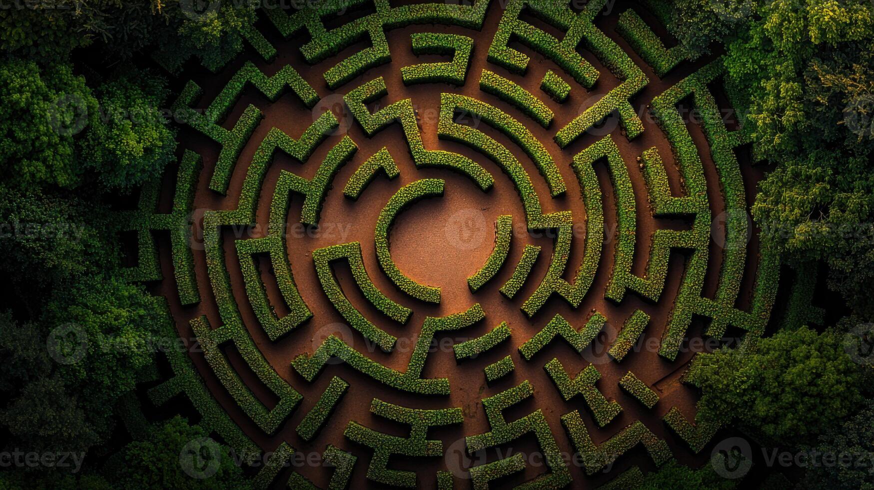 A circular maze surrounded by trees and bushes photo
