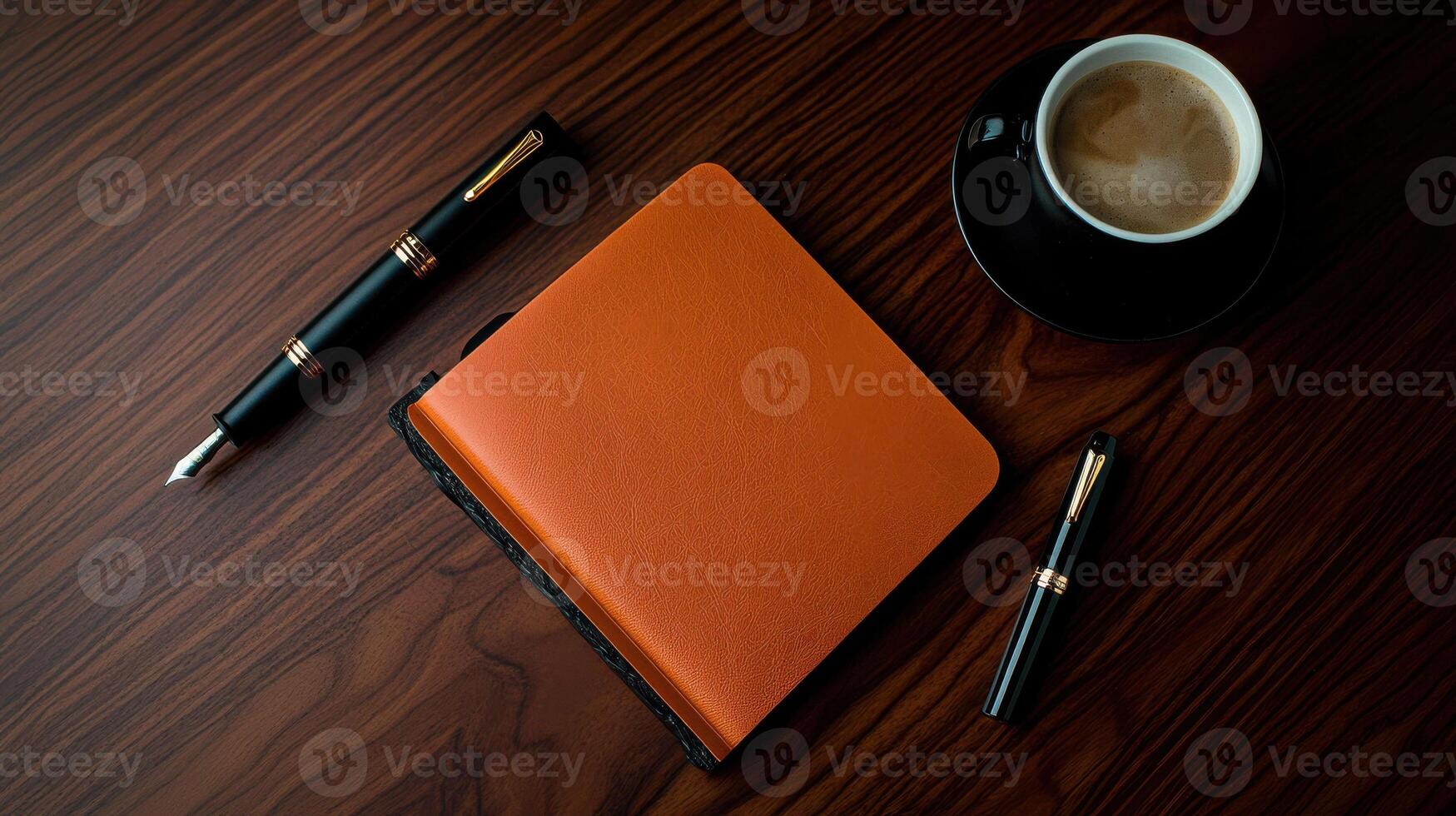 Coffee and notebook on a wooden table photo