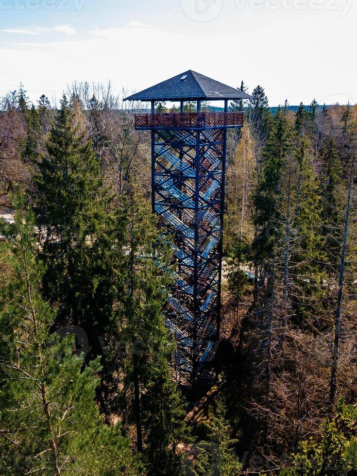 Wooden Observation Tower with Geometric Design in Forested Area photo