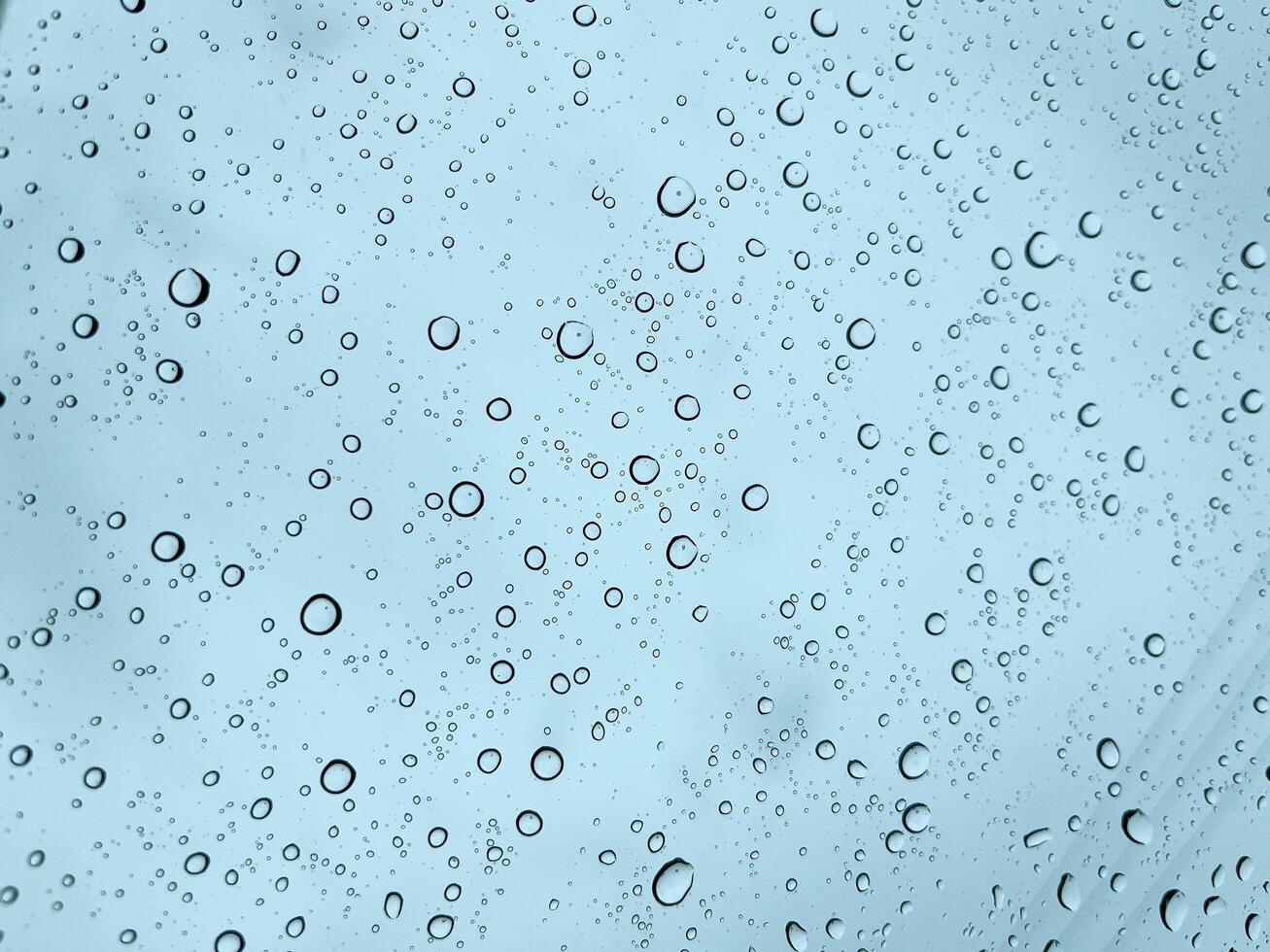 Clear water droplets scattered across a glass surface with a soft blue sky behind. photo