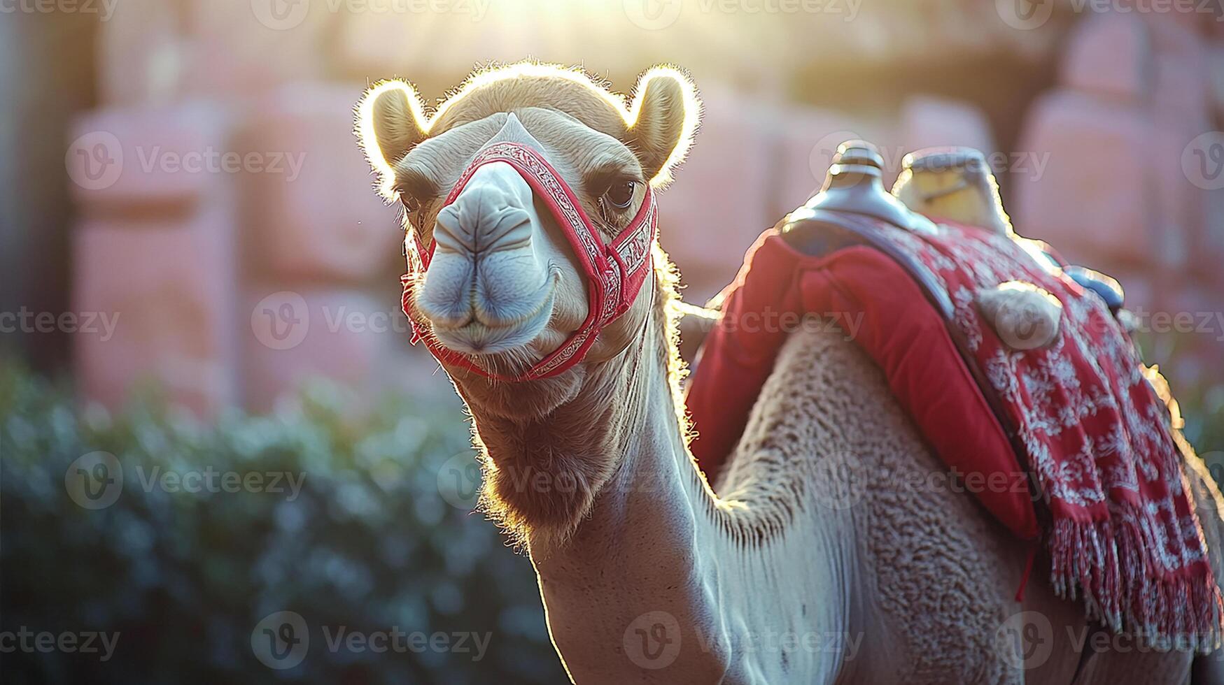 Close-Up of a Camel Wearing a Traditional Red Saddle photo