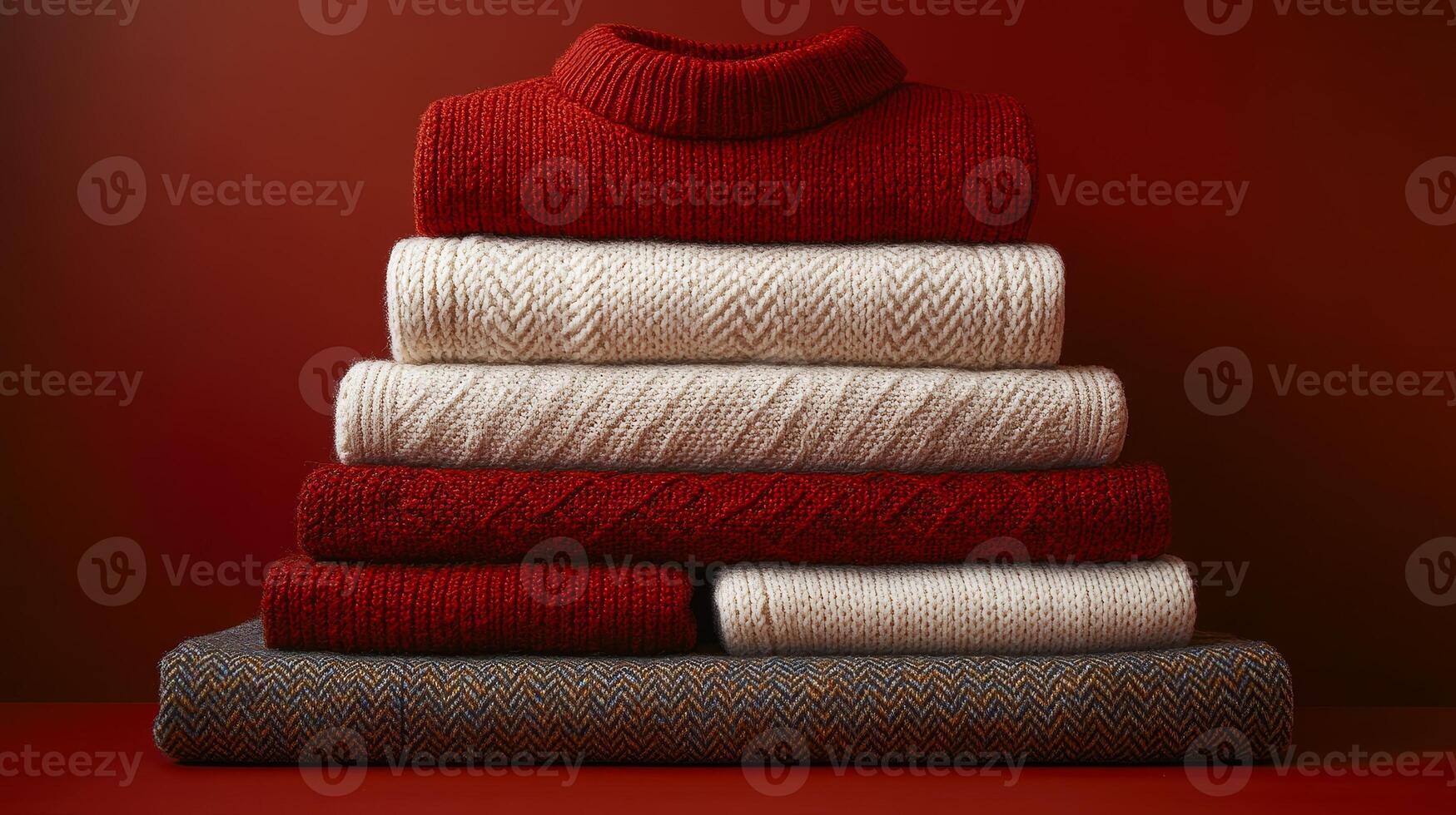 A stack of sweaters on a red background photo