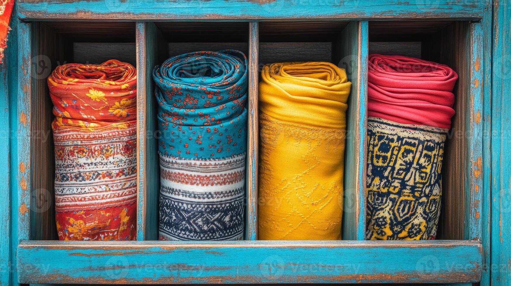 A row of colorful scarves in a wooden box photo