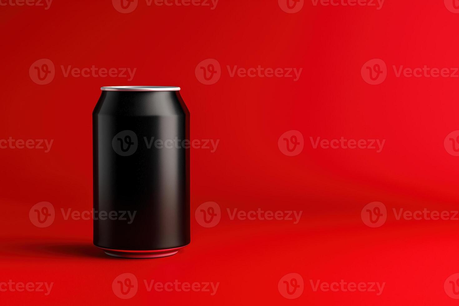 Black soda can mockup on vibrant red background with minimal lighting for drink branding packaging or advertising design presentations photo