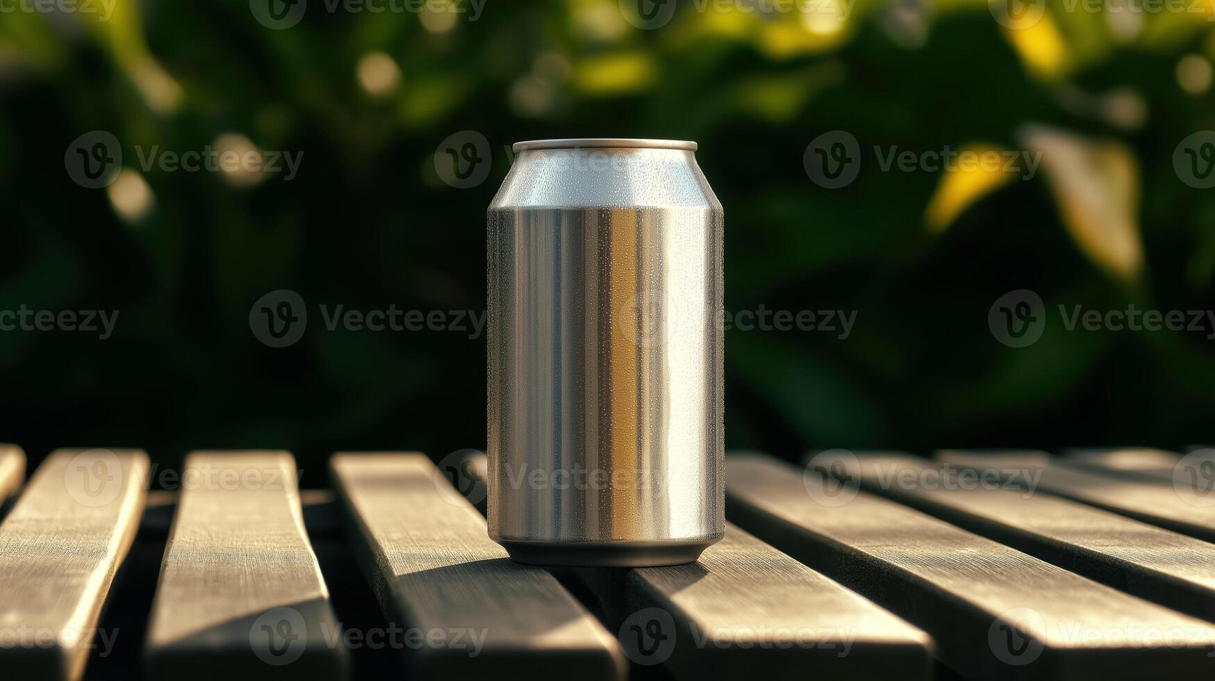 Blank silver soda can with condensation placed on wooden surface outdoors with green foliage background in natural summer lighting for branding use photo