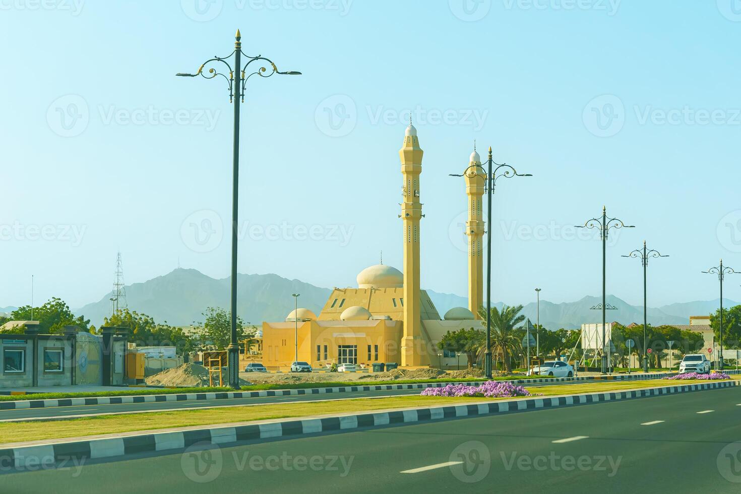 A street with a mosque in the middle of it photo