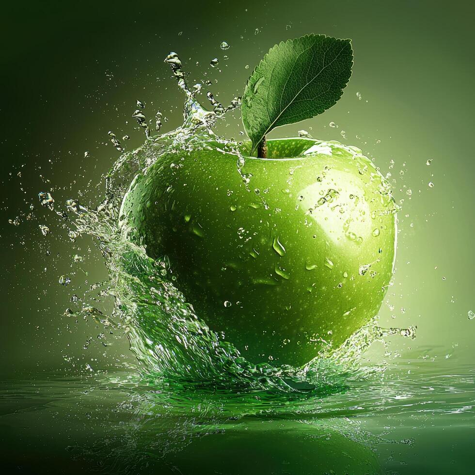 Fresh Green Apple with Splashing Water, Isolated on Green Background, Symbolizing Health, Vitality, and Nature's Freshness in Culinary and Lifestyle Imagery photo