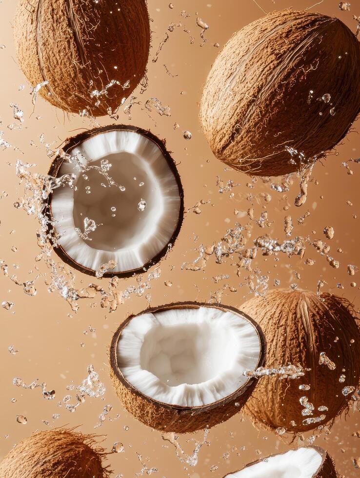 Splashing Brown Coconuts Captured in High Detail with Water Droplets Glimmering Off the Surfaces Against a Warm Golden Background photo