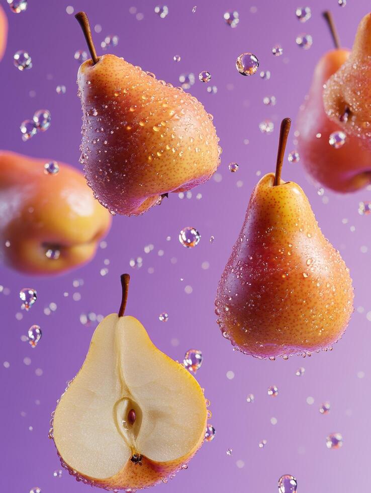 Fresh and Juicy Pears with Water Droplets on a Purple Background, Showcasing Their Natural Texture and Bright Color for Culinary and Health Themes photo