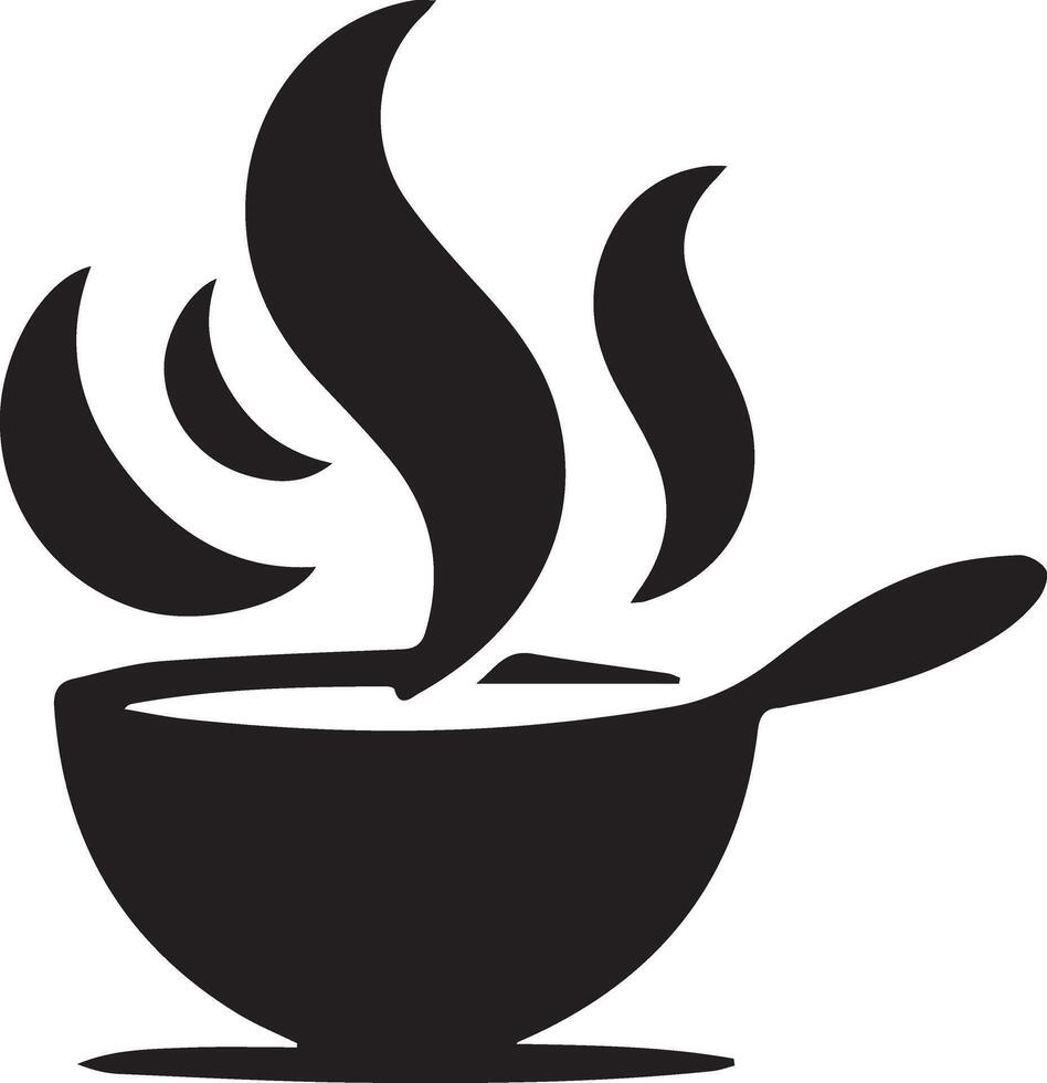 Silhouette of a bowl containing hot soup with visible steam rising above it. vector