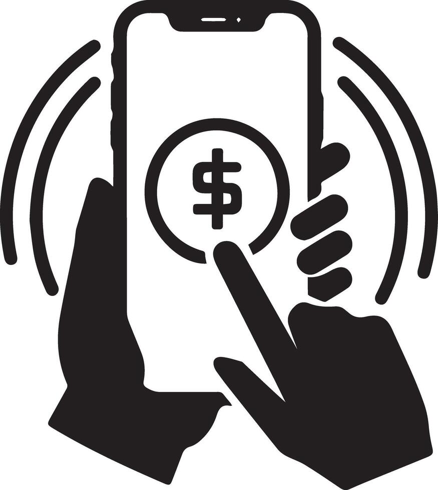 Silhouette of a smartphone held by a hand, with another hand poised to tap the screen. vector
