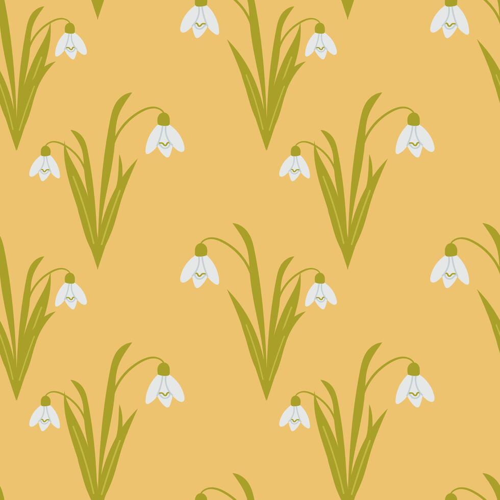 Seamless pattern with blooming snowdrop flowers and green leaves on a warm yellow background. Concept of early spring, natural elegance and seasonal floral repeat design vector