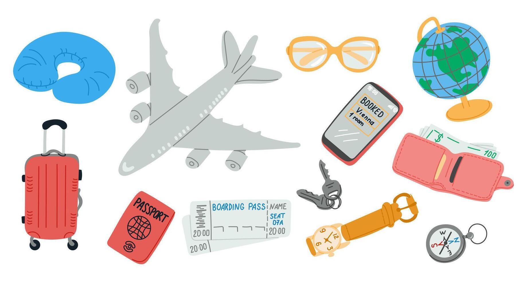 Travel essentials set with airplane, luggage, documents and accessories for trip. Concept of vacation, journey planning and adventure preparation in hand drawn style vector
