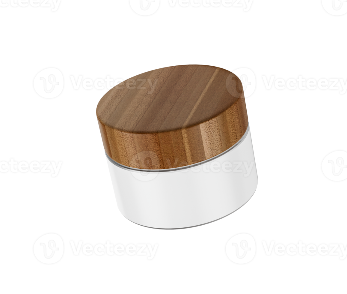 Small round container with a wooden lid and a base, suitable for cosmetics or small storage, 3d illustration png