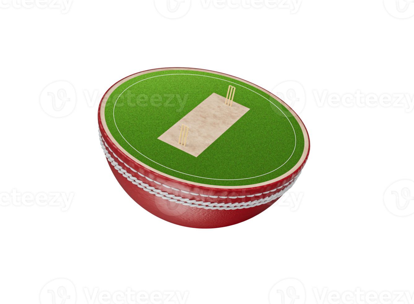 Red cricket ball with and a miniature cricket field on top. 3D Illustration png