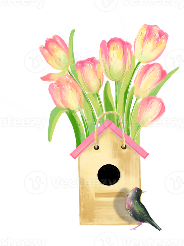 Pink tulip with leaves in a paper package that looks like a birdhouse, starling nearby. Hand drawn spring first blooming in a garden flower illustration, good for print, poster, card or banner. png