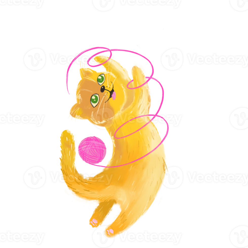 Cute ginger hand drawn fluffy kitty is playing with ball of knitting thread on transparent background. Pets party concept. Can be used for invitation, card, poster, sticker, social net story and post. png