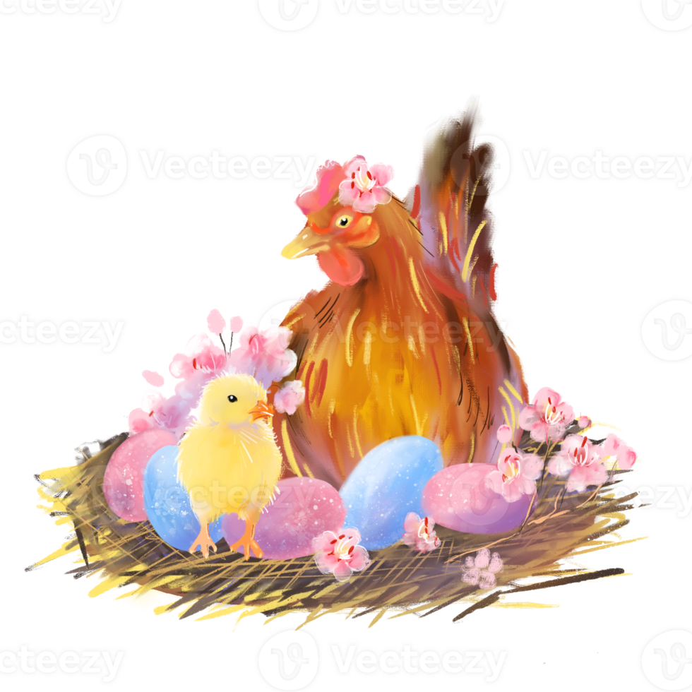 Spring hand drawn card or poster illustration with cute little chicken and hen, blooming pink twigs and Easter eggs. png