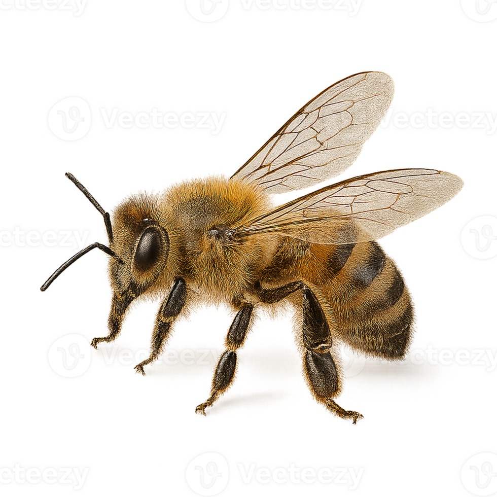 Honeybee macro profile with detailed wings and fur png