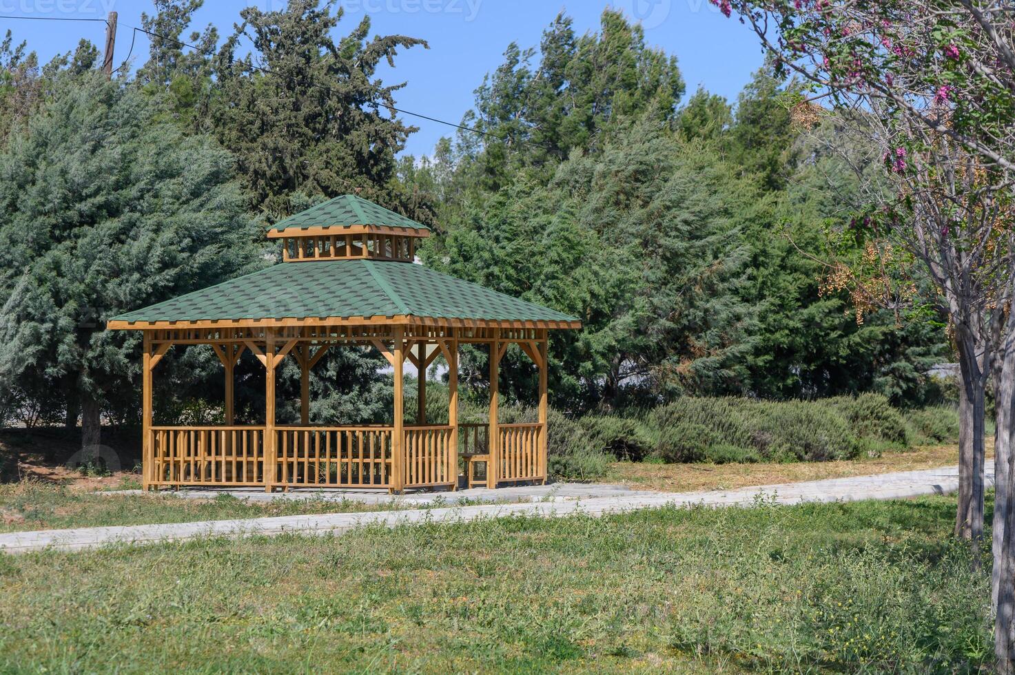 Tranquil wooden gazebo surrounded by lush greenery on a sunny day in a serene park photo