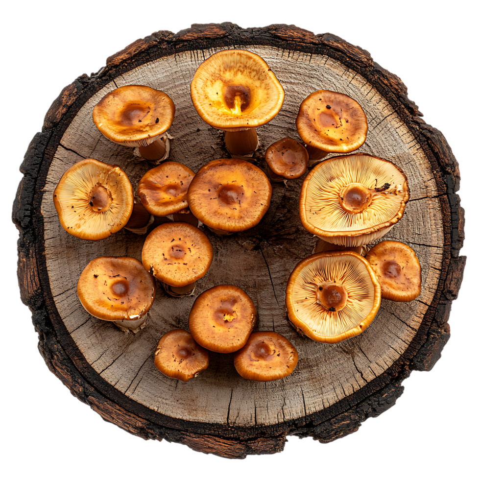 Mushrooms on Log Front View Against Transparent Background. png