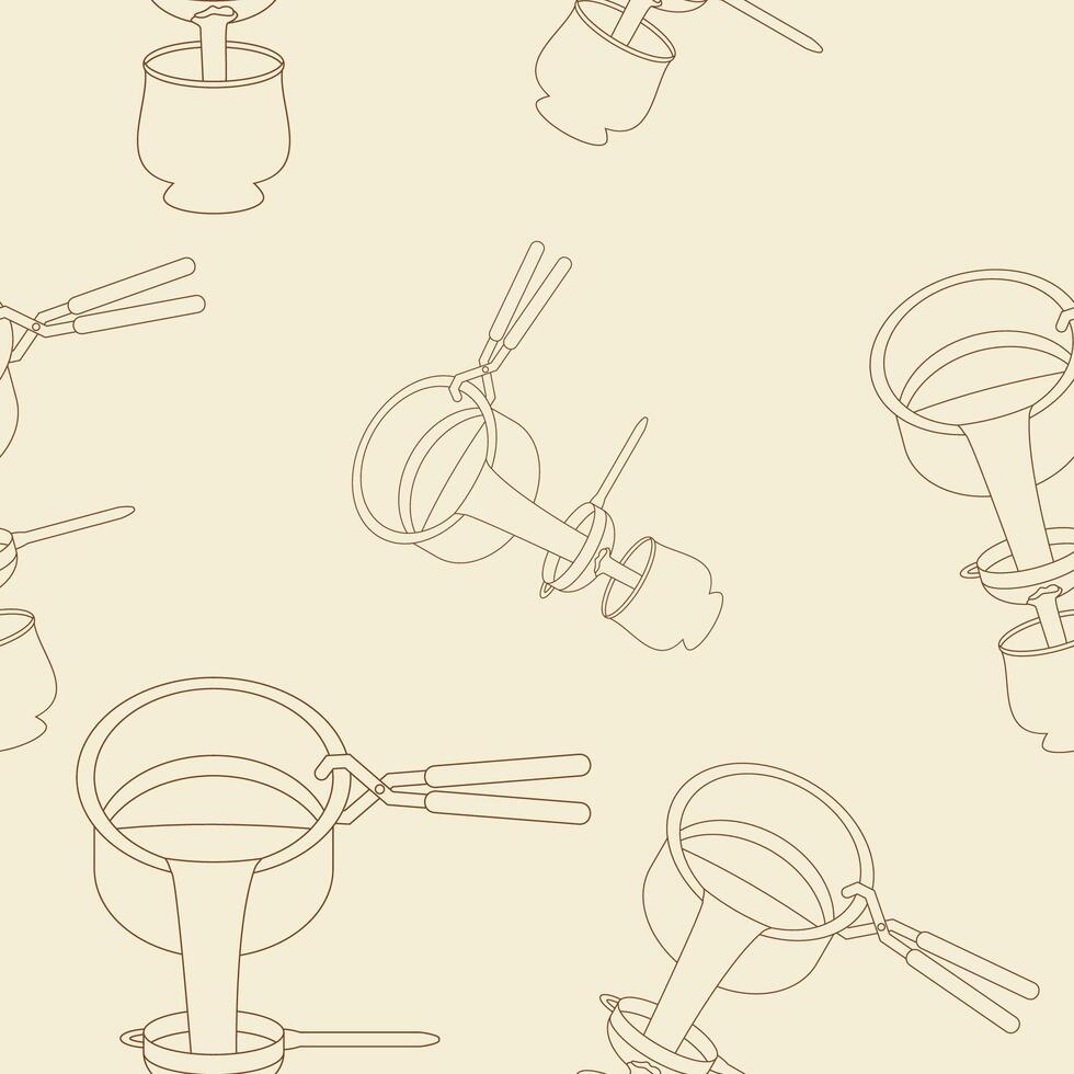 Editable Seamless Pattern of Outline Style Pouring and Filtering Indian Masala Chai into Pottery Cup Vectorized Illustration for Creating Background of Beverages With South Asian Culture and Tradition vector