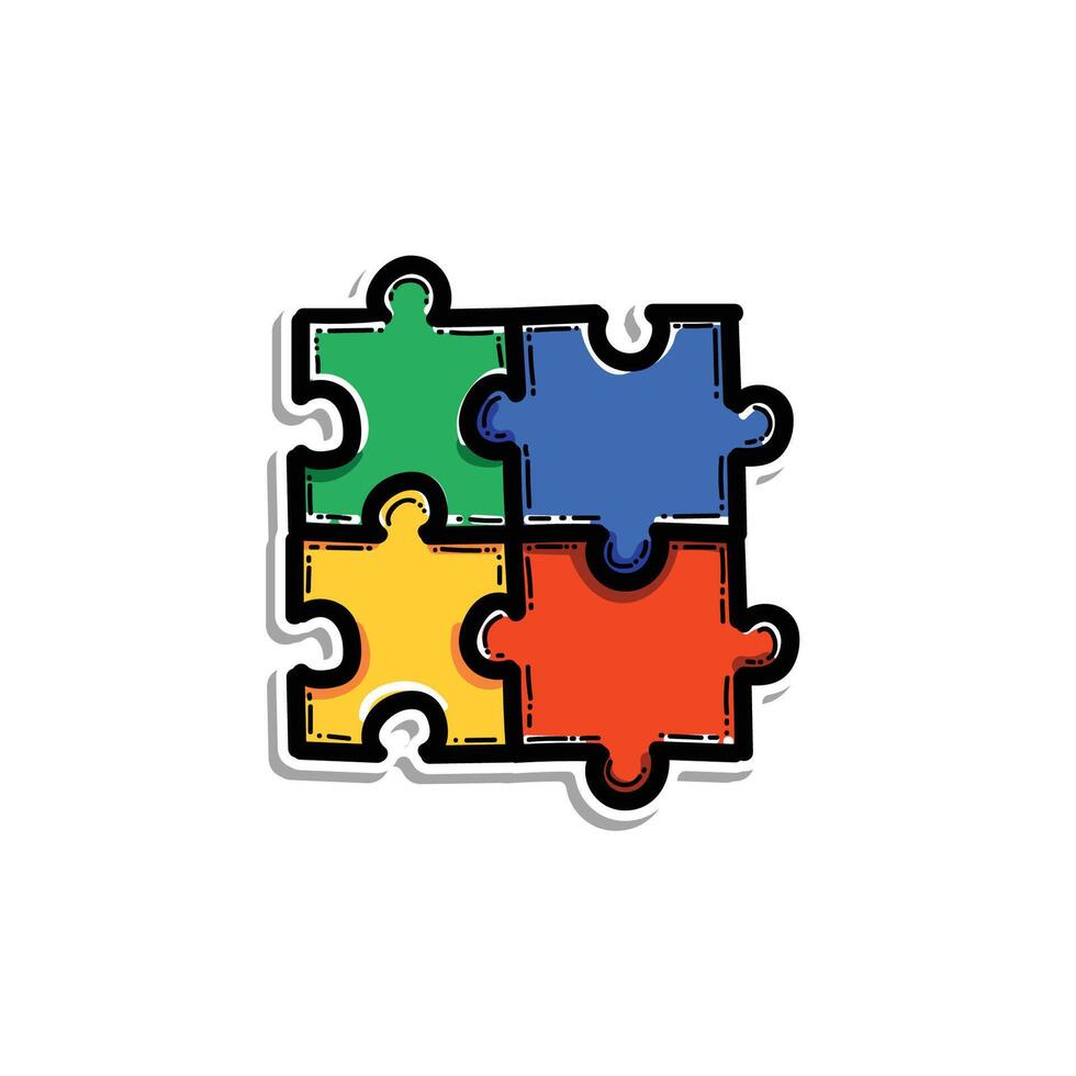Four interconnected puzzle pieces in colorful design represent connection, collaboration, and creativity. Autism puzzle, Perfect for representing teamwork, problem solving, or activities for all ages. vector
