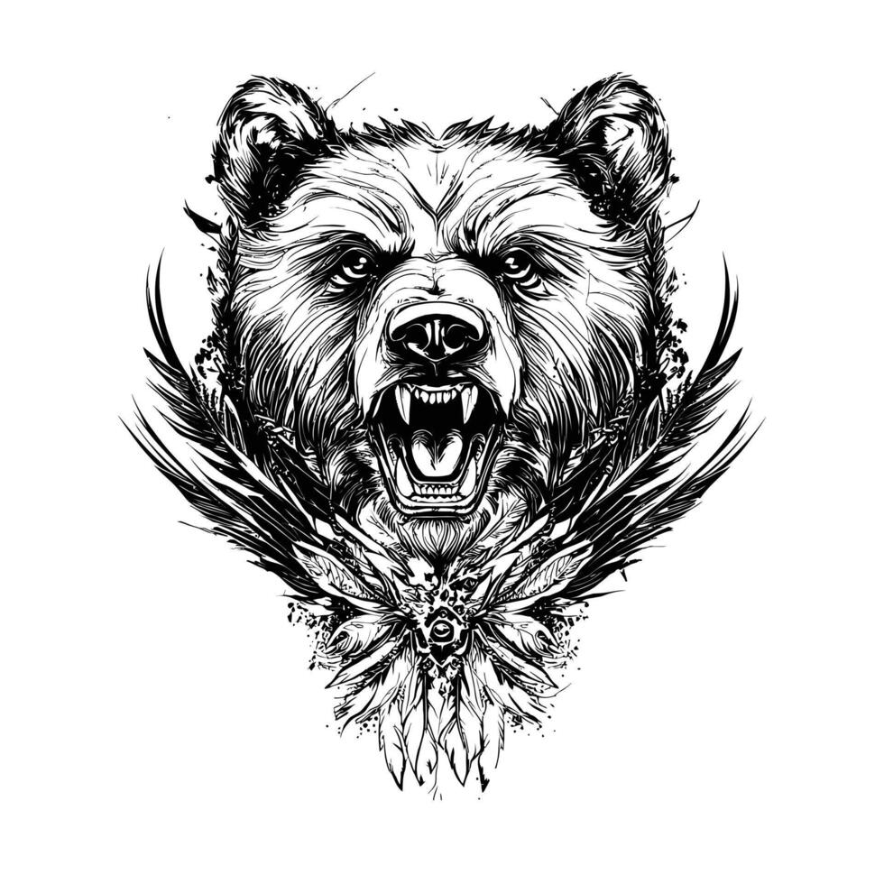 Fierce Grizzly Bear Head Tattoo Design Monochrome Ink Illustration with Tribal Elements vector