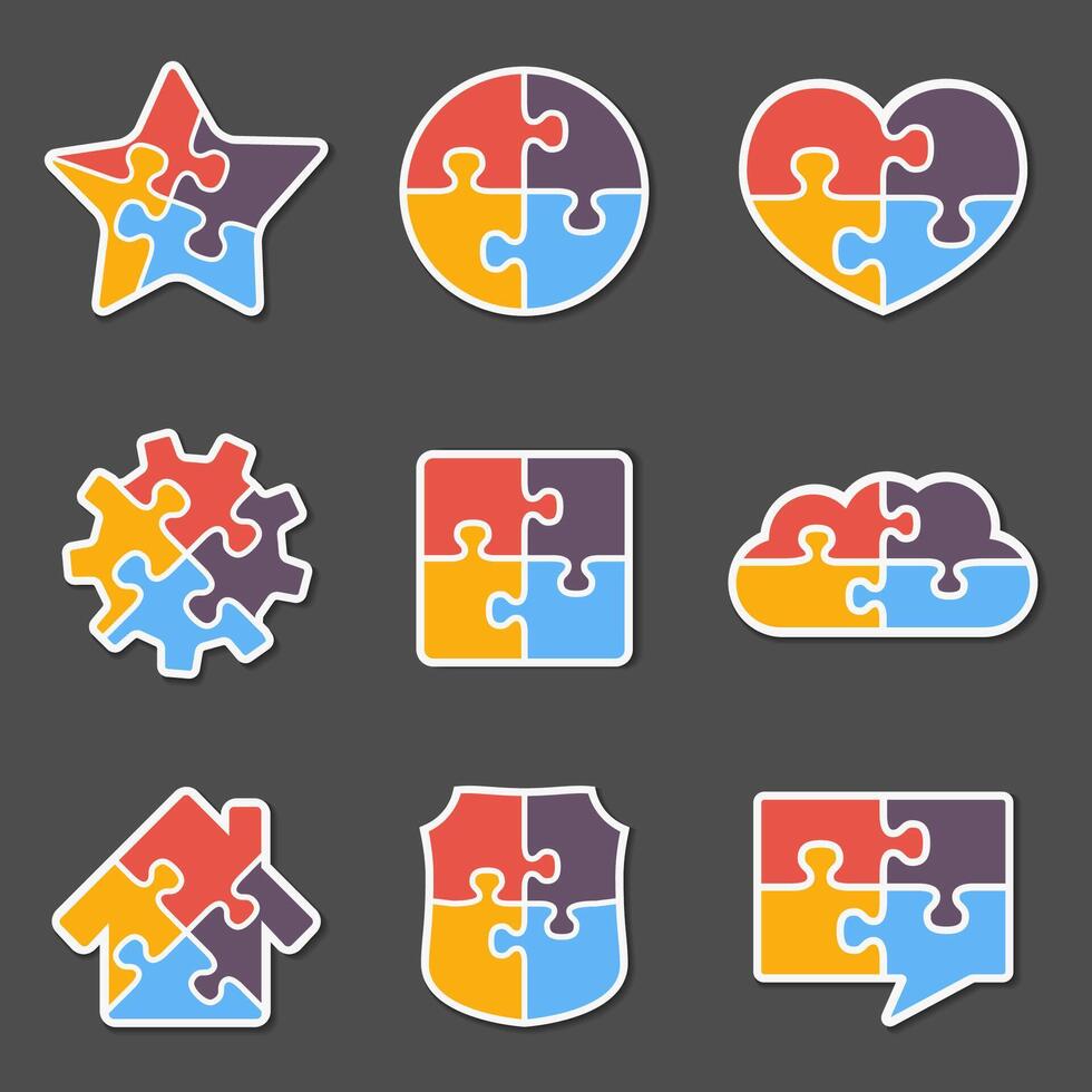 Set of different puzzle objects with four pieces vector